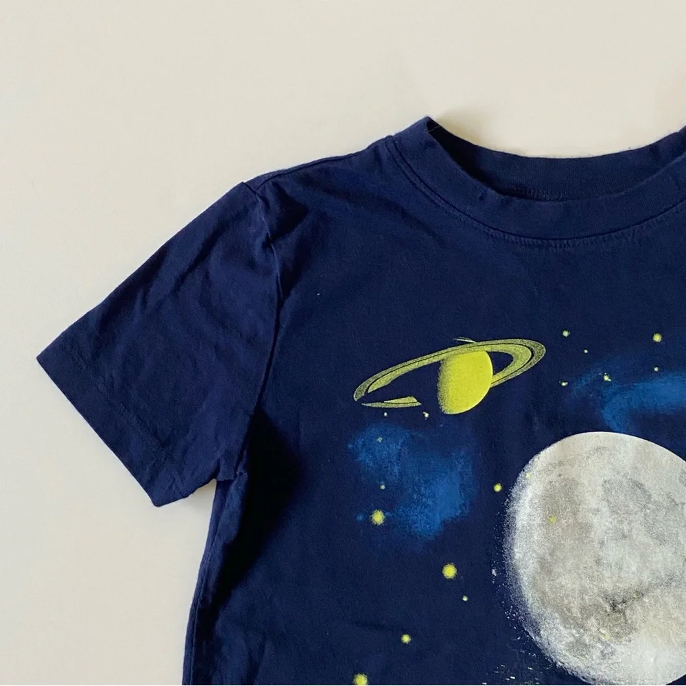 Lands’ End Space Shirt Size 5 6 Medium Navy Blue Short Sleeve planets moon stars